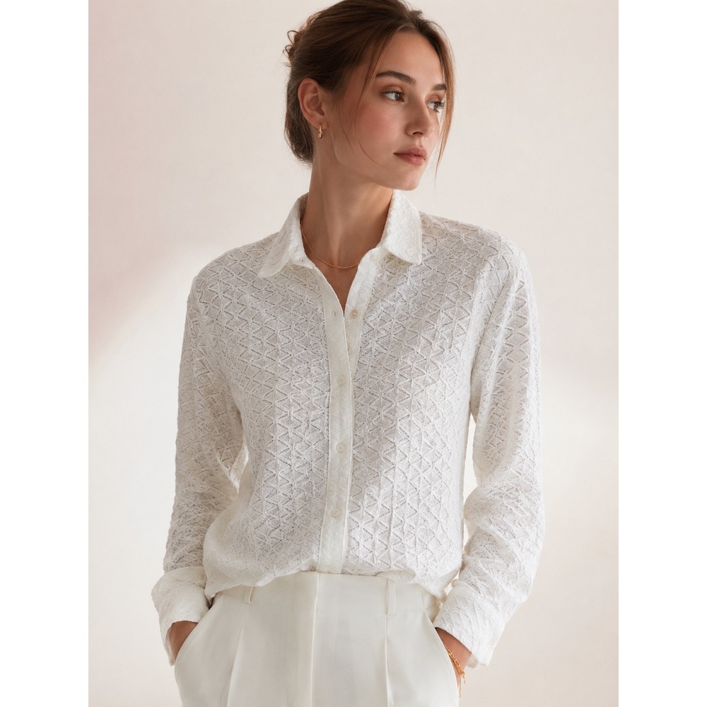 Chico's White Lace Geometric Zigzag‎ Button Down Shirt Top Size 3 XL